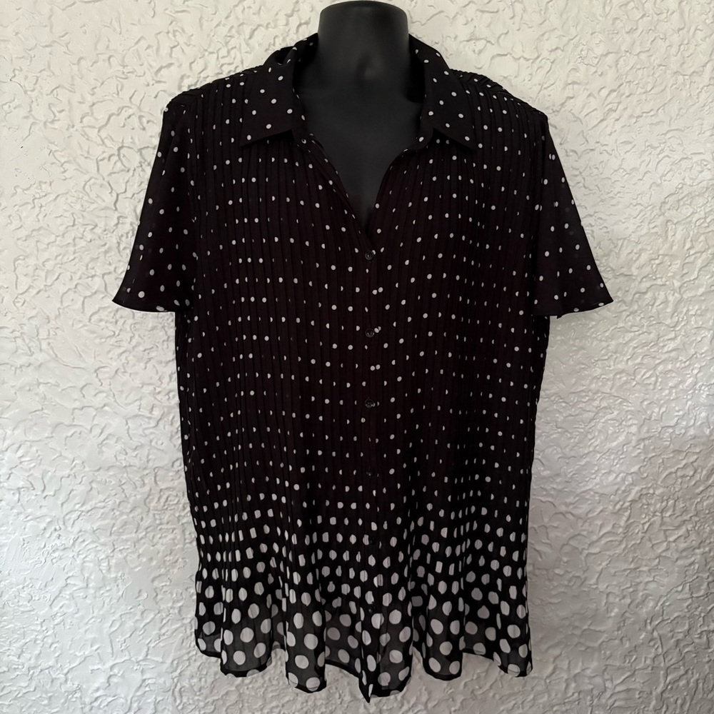 Only Necessities Polka-Dot Pleated Button Sheer Blouse 1X (22/24) - Picture 2 of 5